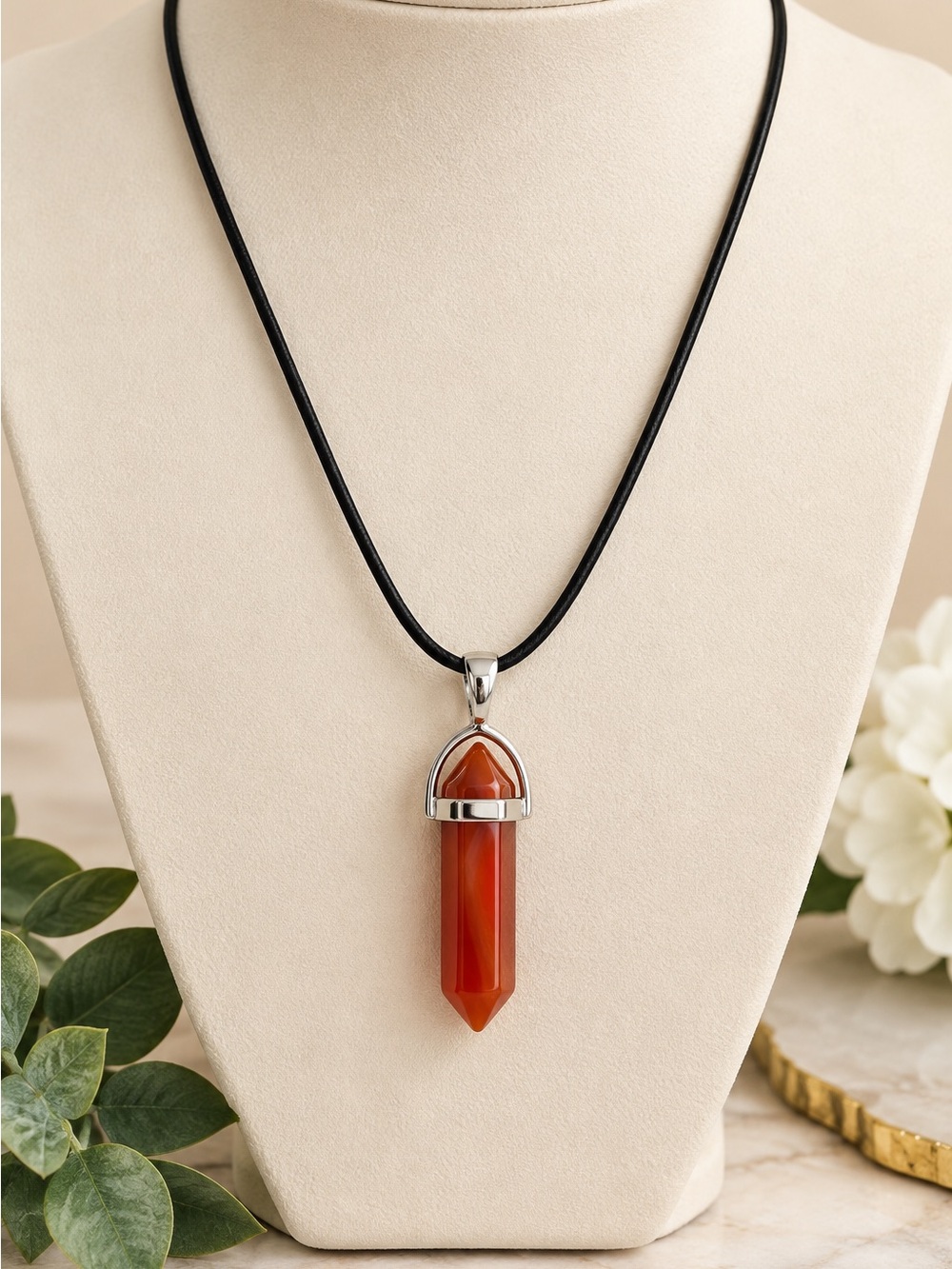 🌸 Red Carnelian Point Pendant on Black Cord